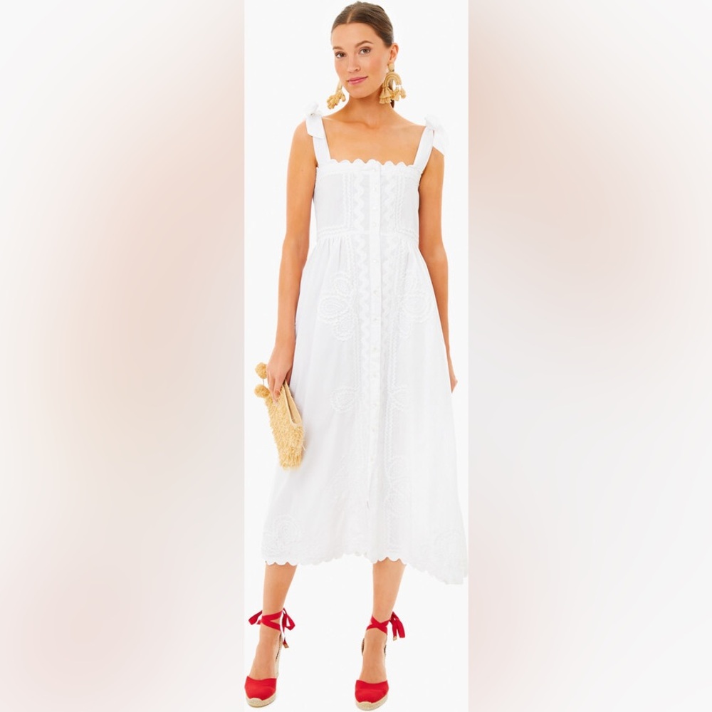 NWT Juliet Dunn White Poplin Ric Rac Tie Shoulder Dress, Size 1